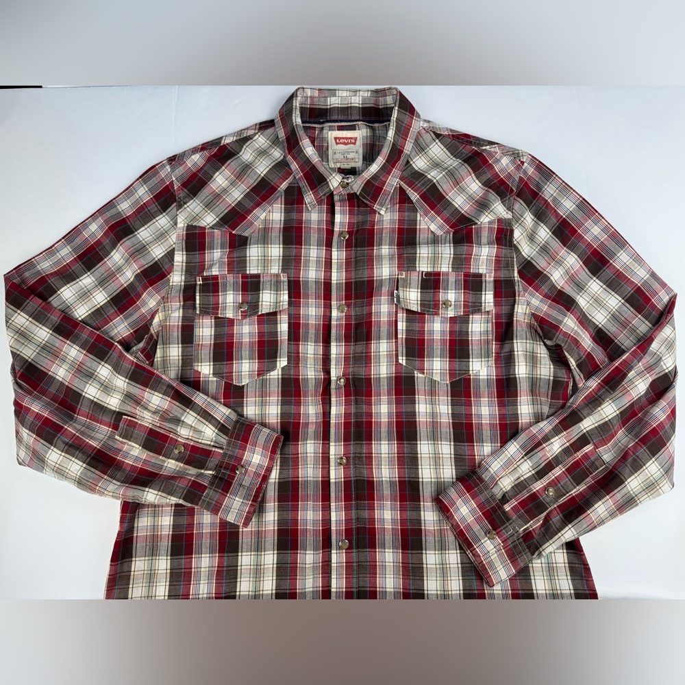 Vintage Levi's Western Shirt Men XL EUC Pearl Snaps White Tab Cowboy Rodeo Plaid